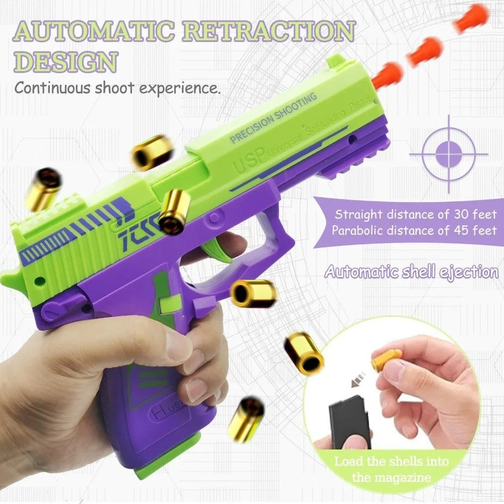 Shell Ejecting Toy Pistol - Soft Bullet Blaster with Slide Action & 2 Mags