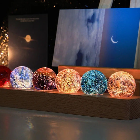 7pcs Colorful Healing Crystal Spheres Set, Meditation Balls, LED Wooden Stand