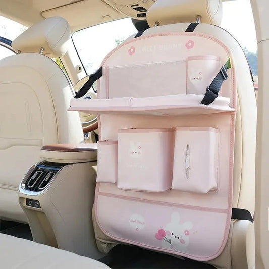 Leather Car Seat Back Organizer with Foldable Tray - Multi-Pocket Storage Table