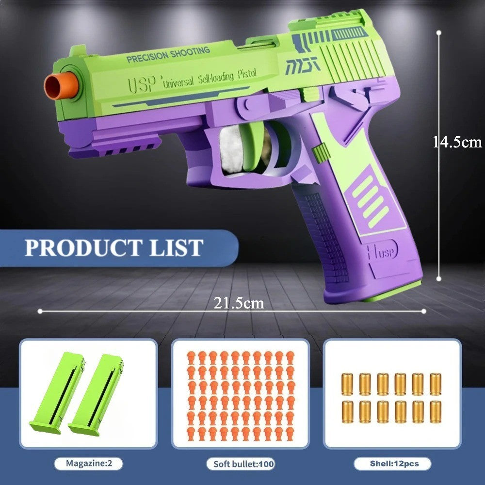 Shell Ejecting Toy Pistol - Soft Bullet Blaster with Slide Action & 2 Mags