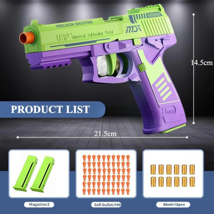 Shell Ejecting Toy Pistol - Soft Bullet Blaster with Slide Action & 2 Mags