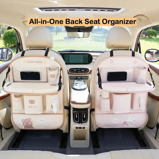Leather Car Seat Back Organizer with Foldable Tray - Multi-Pocket Storage Table