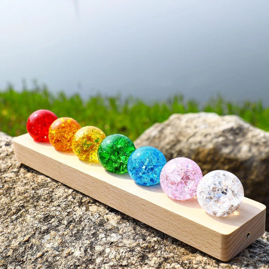 7pcs Colorful Healing Crystal Spheres Set, Meditation Balls, LED Wooden Stand