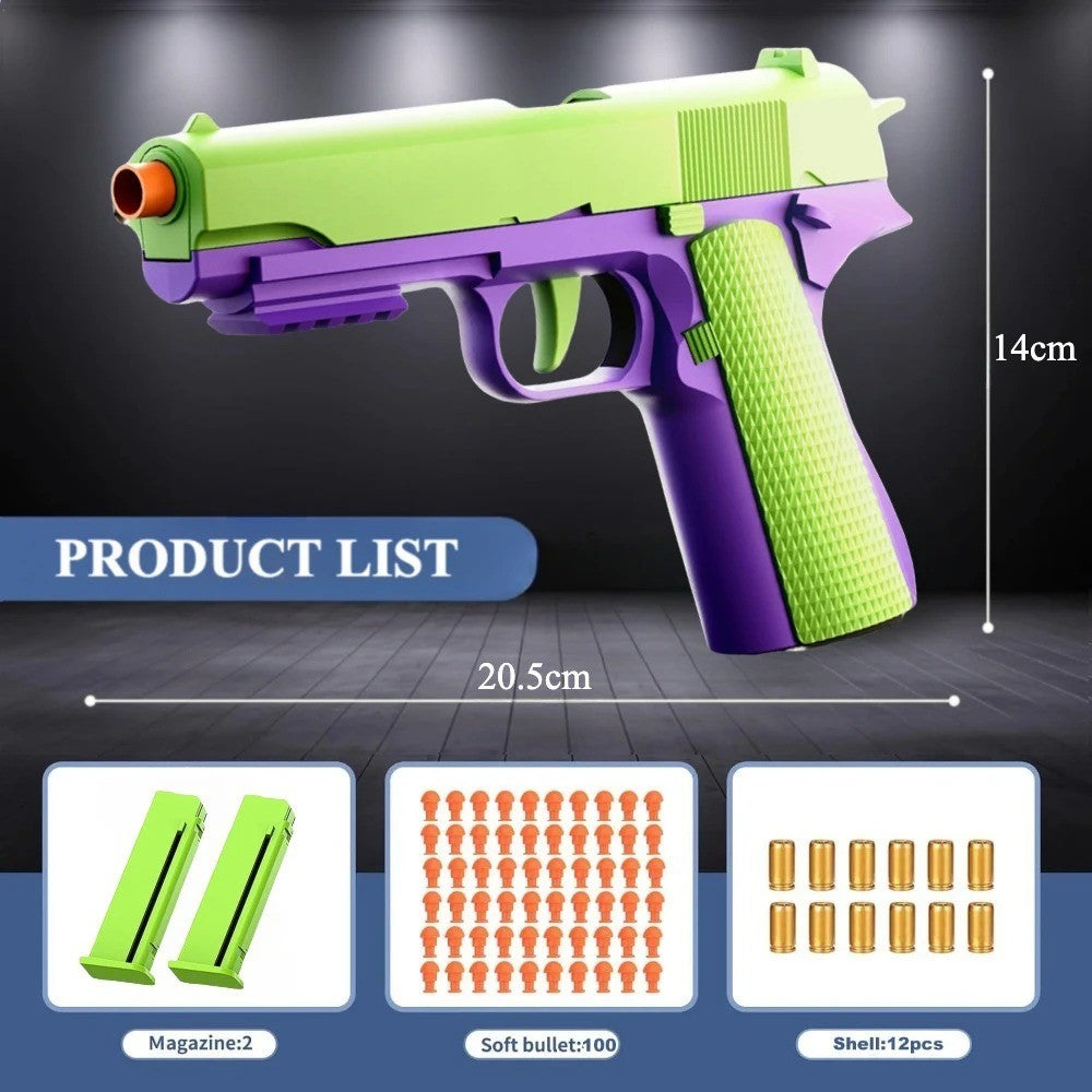 Shell Ejecting Toy Pistol - Soft Bullet Blaster with Slide Action & 2 Mags